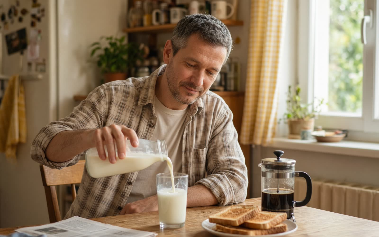 A man at his kitchen table pouring milk from a glass bottle into a glass, with toast and a cafetiere beside him