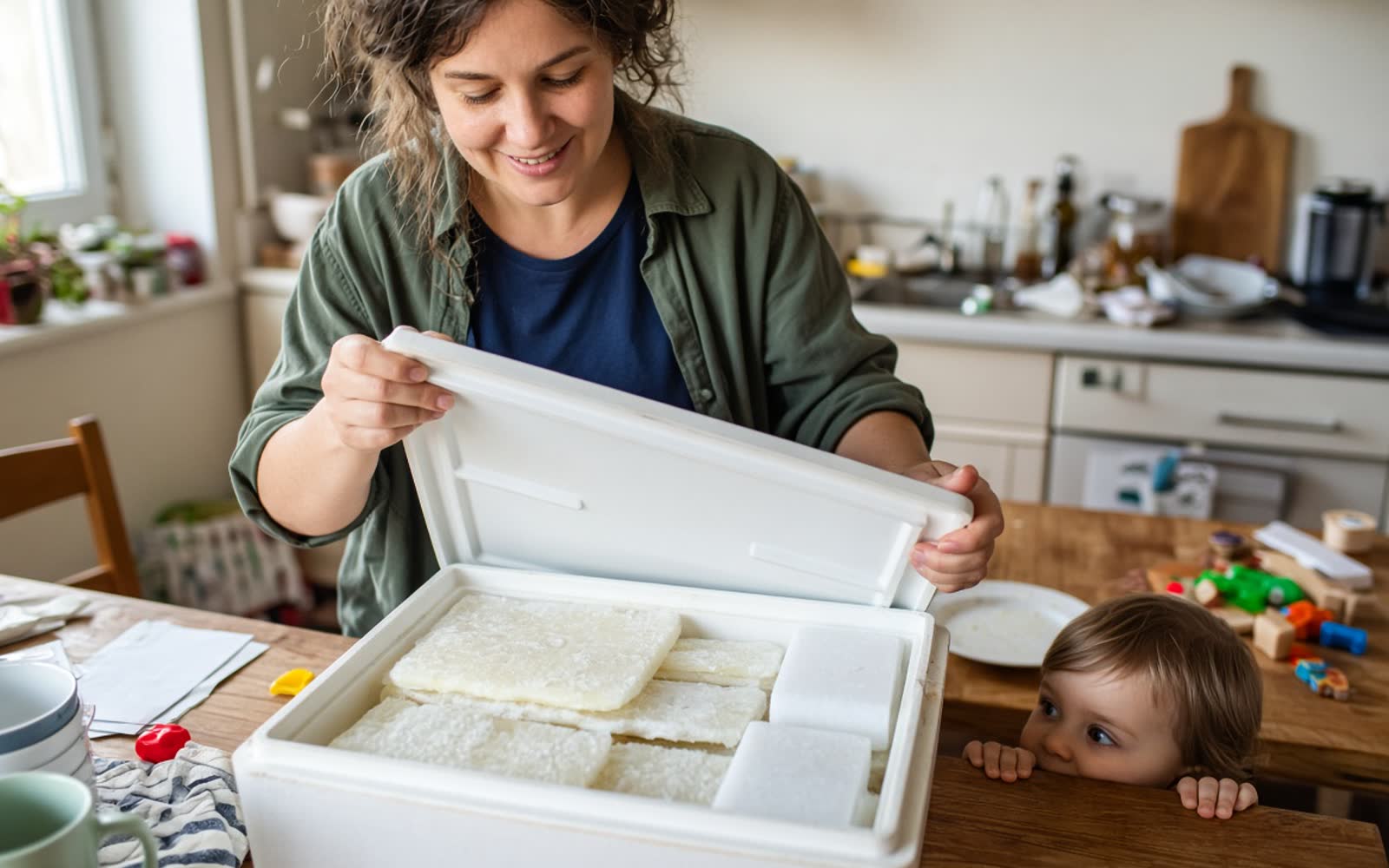 A smiling woman lifting the lid of a delivery cool box packed with flat frozen bags of milk, her toddler peeking over the table edge