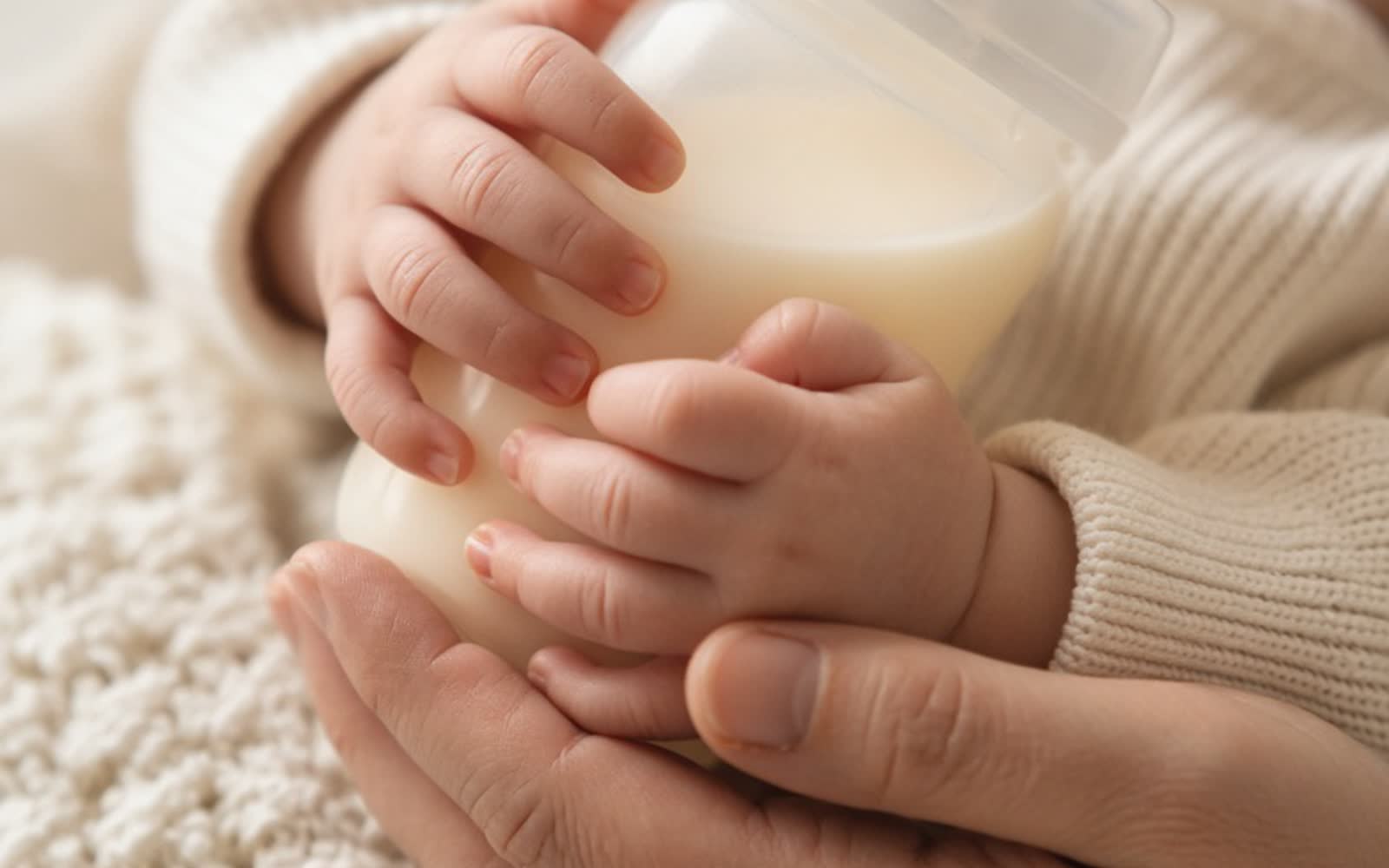 A baby's hands wrapped around a warm milk bottle