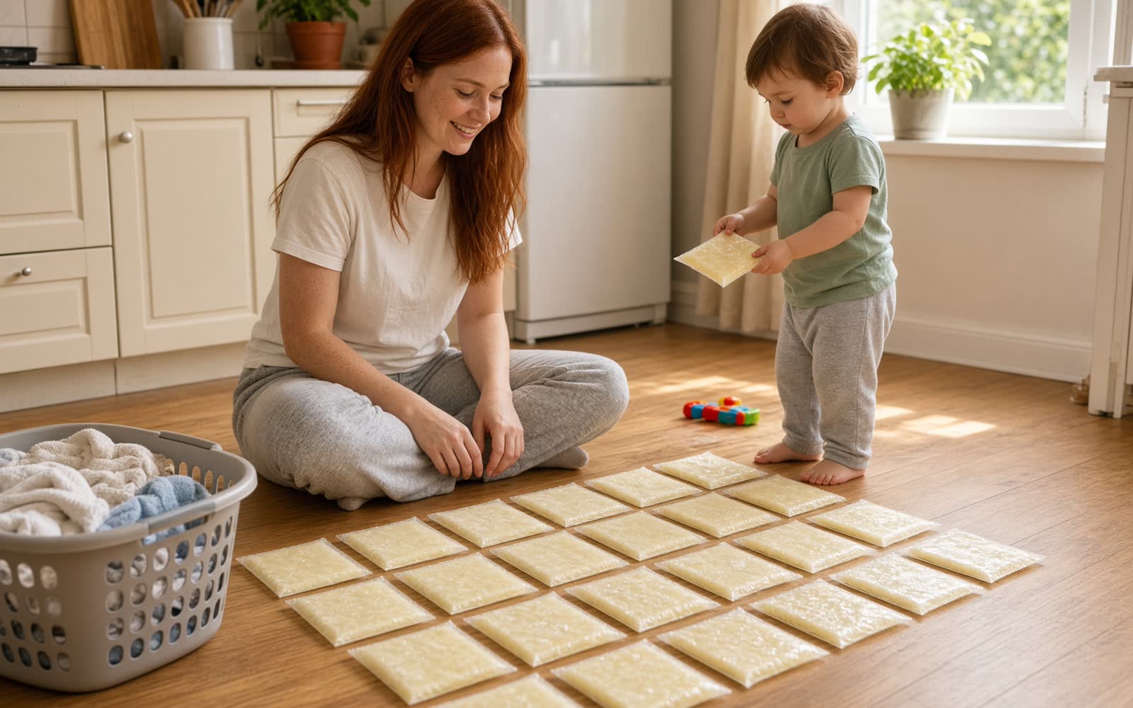 A woman sitting cross-legged on her kitchen floor with flat frozen bags of milk laid out in rows around her, her toddler handing her another bag