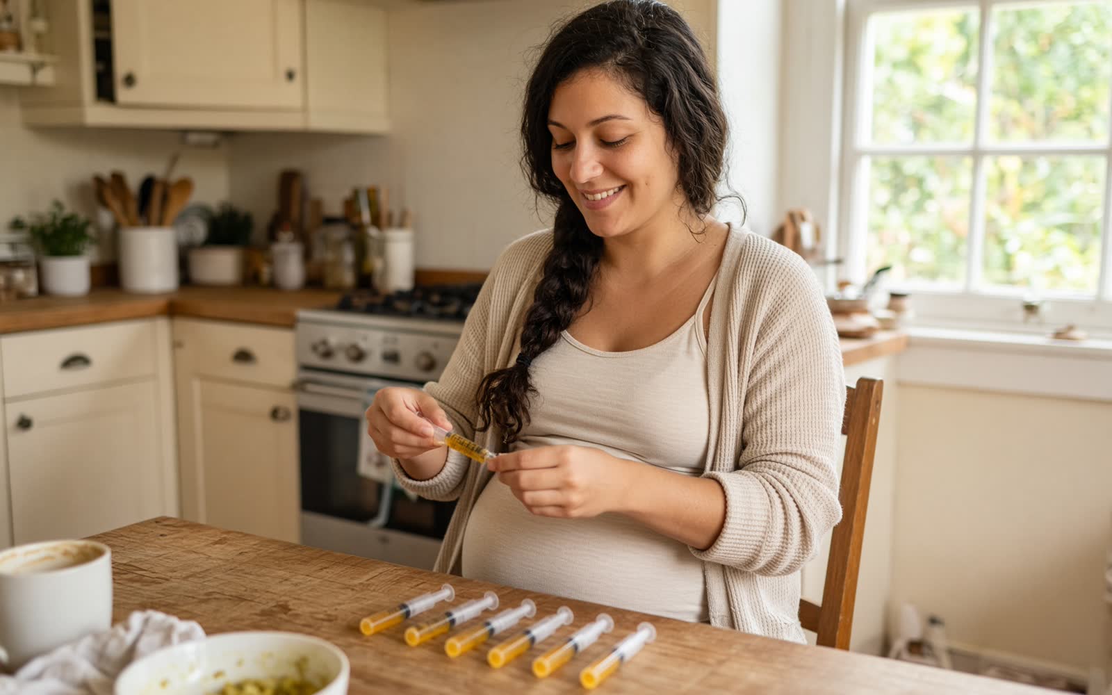 A pregnant woman at her kitchen table drawing deep-golden colostrum into small oral syringes, filled syringes lying in front of her