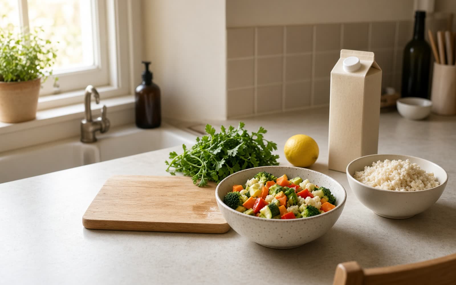 A kitchen worktop part way through cooking: a bowl of chopped vegetables, a bowl of rice, fresh herbs, a lemon and a carton of oat milk