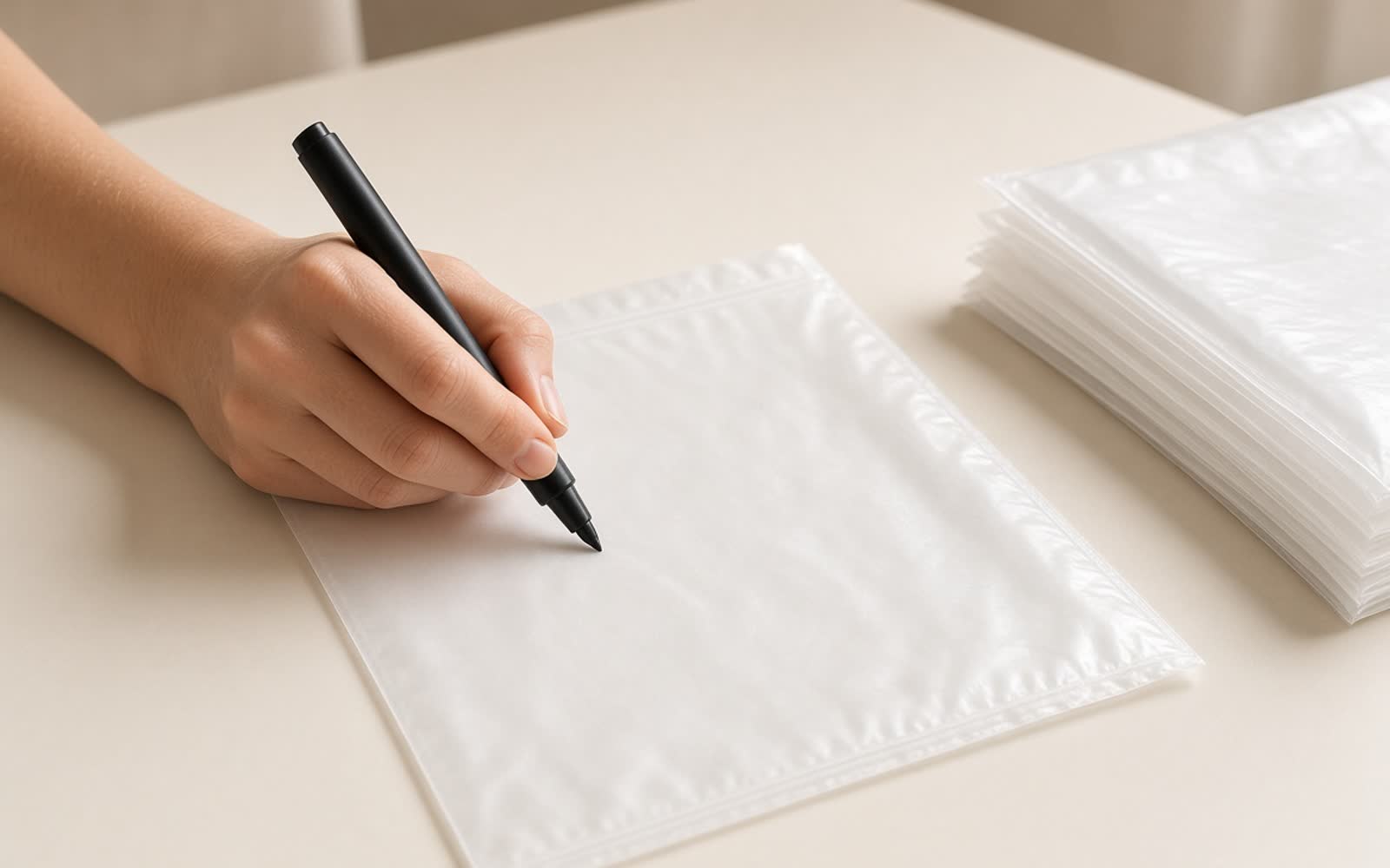 A hand labelling a flat milk storage bag with a marker pen, a stack of empty bags beside it