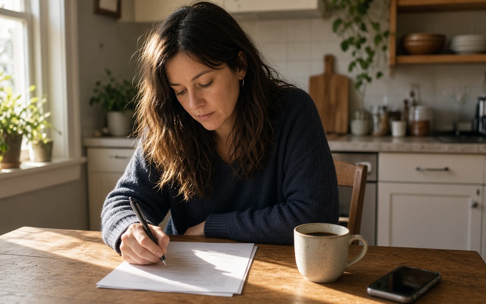 A woman at her kitchen table filling in a printed disclosure sheet, a mug of coffee and her phone beside her