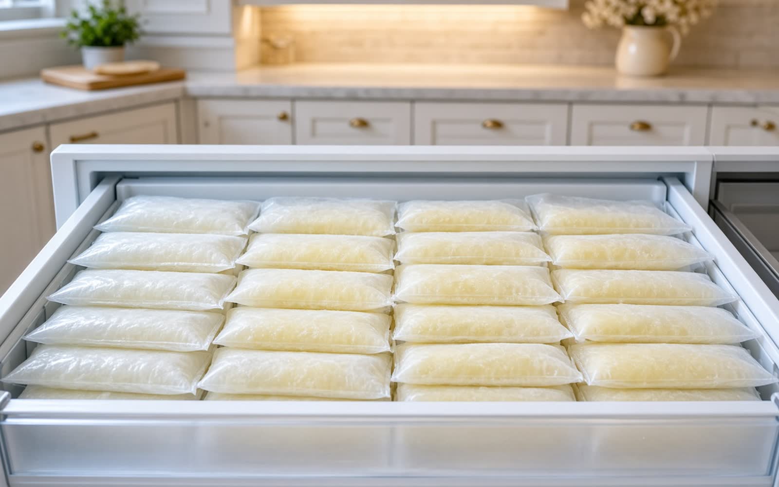 An open freezer drawer of flat frozen bags of milk