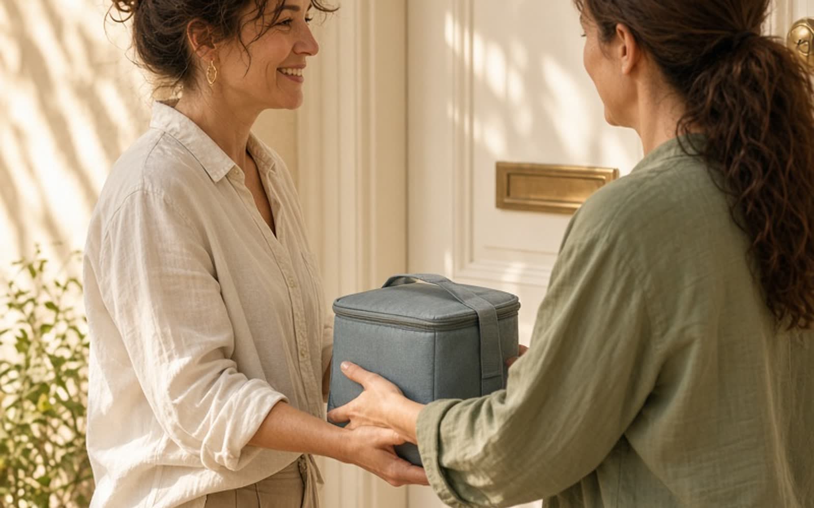 One woman handing an insulated cool bag to another on a sunlit doorstep