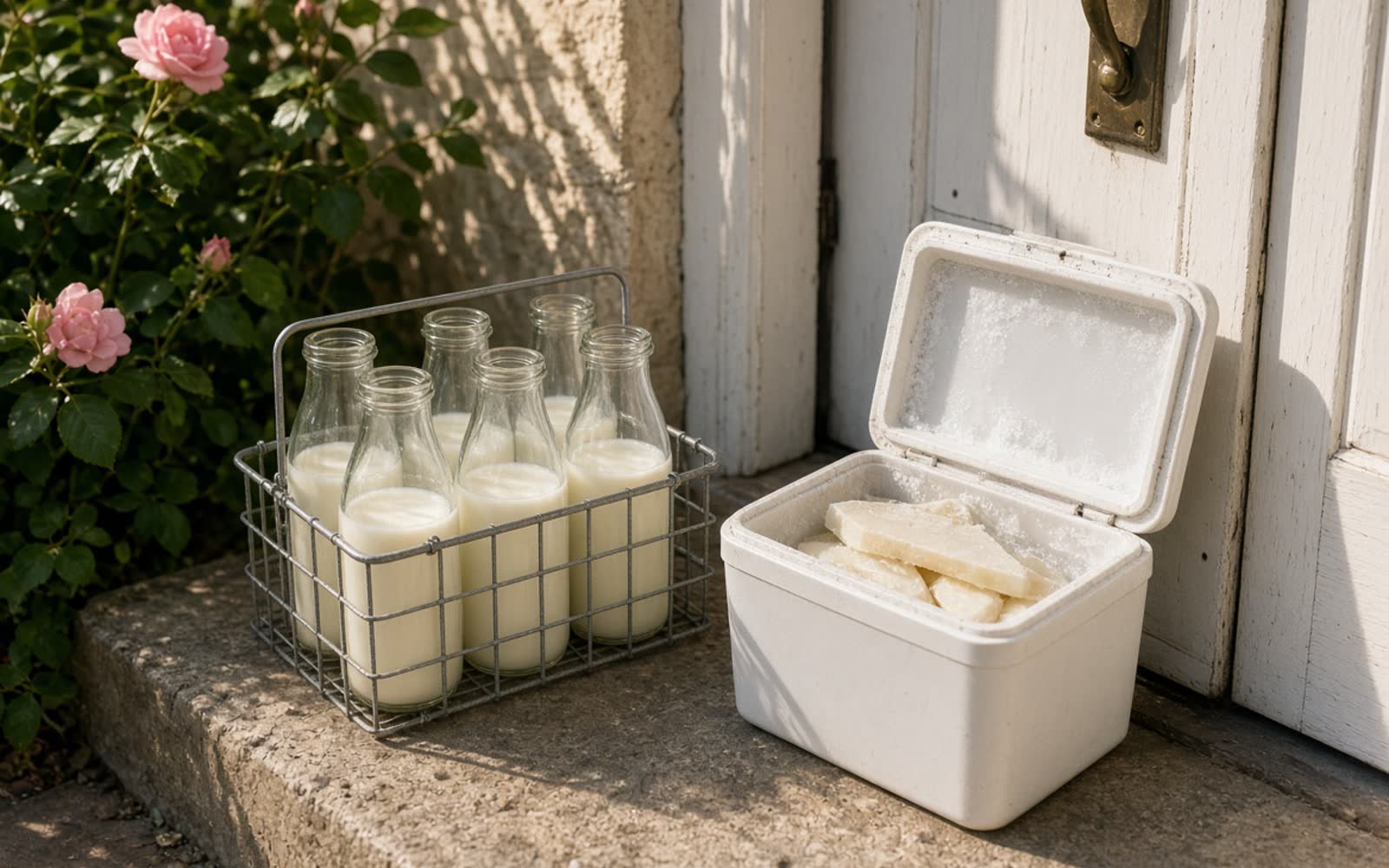 A wire carrier of glass milk bottles beside an open cool box on a sunlit doorstep