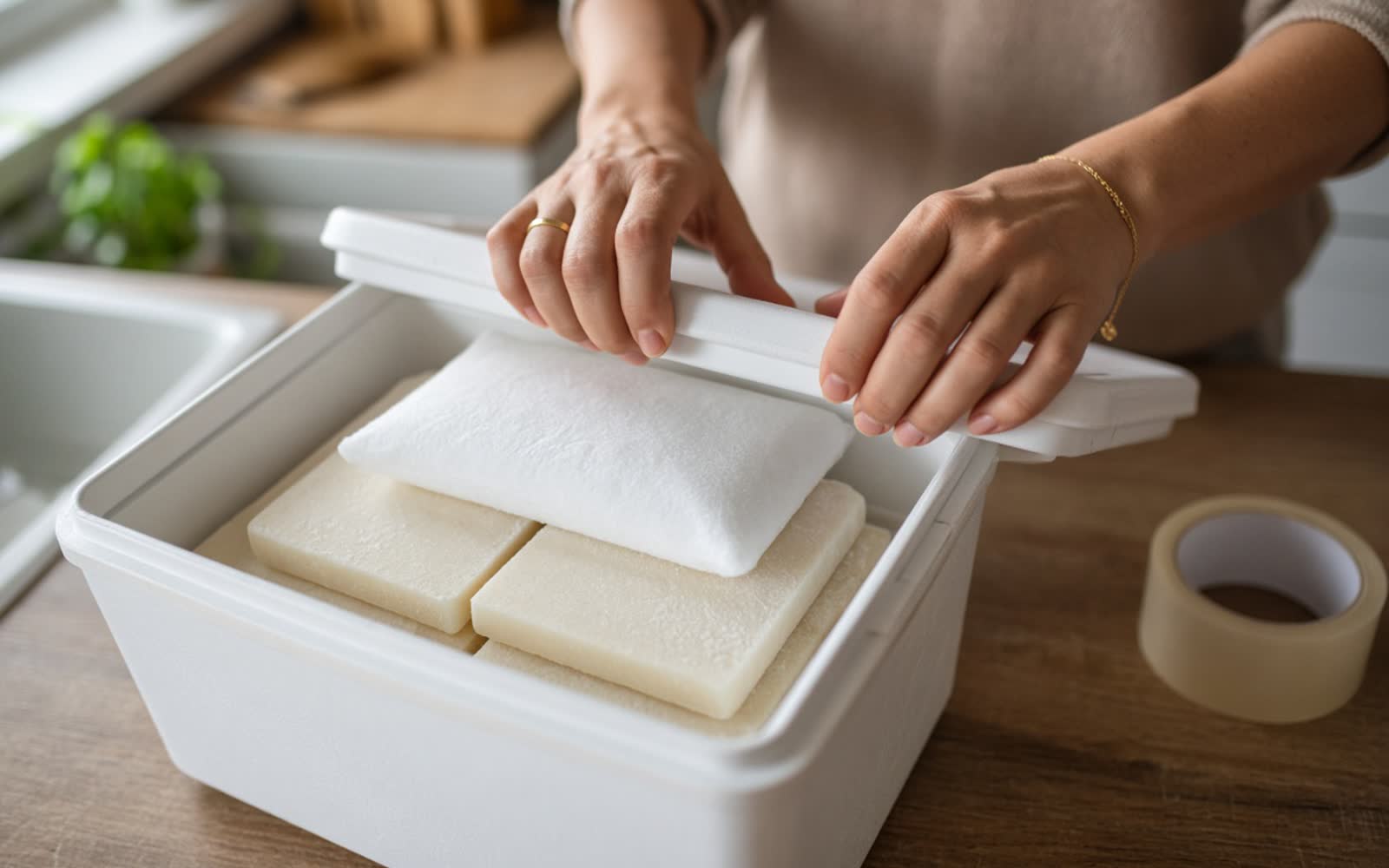 Two hands closing the lid of an insulated box packed with flat frozen slabs of milk