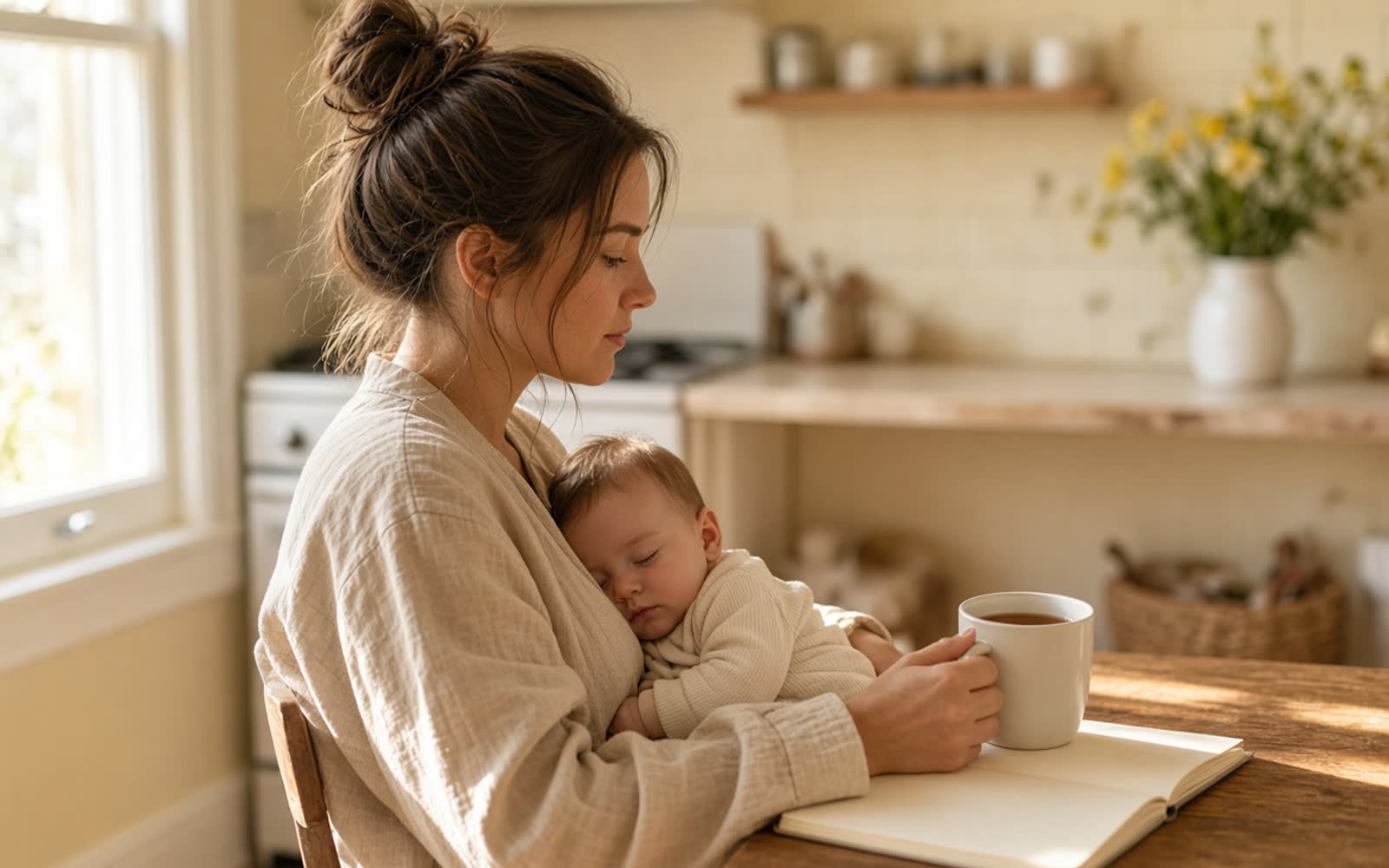 A mother at her kitchen table with a cup of tea, her newborn asleep against her chest