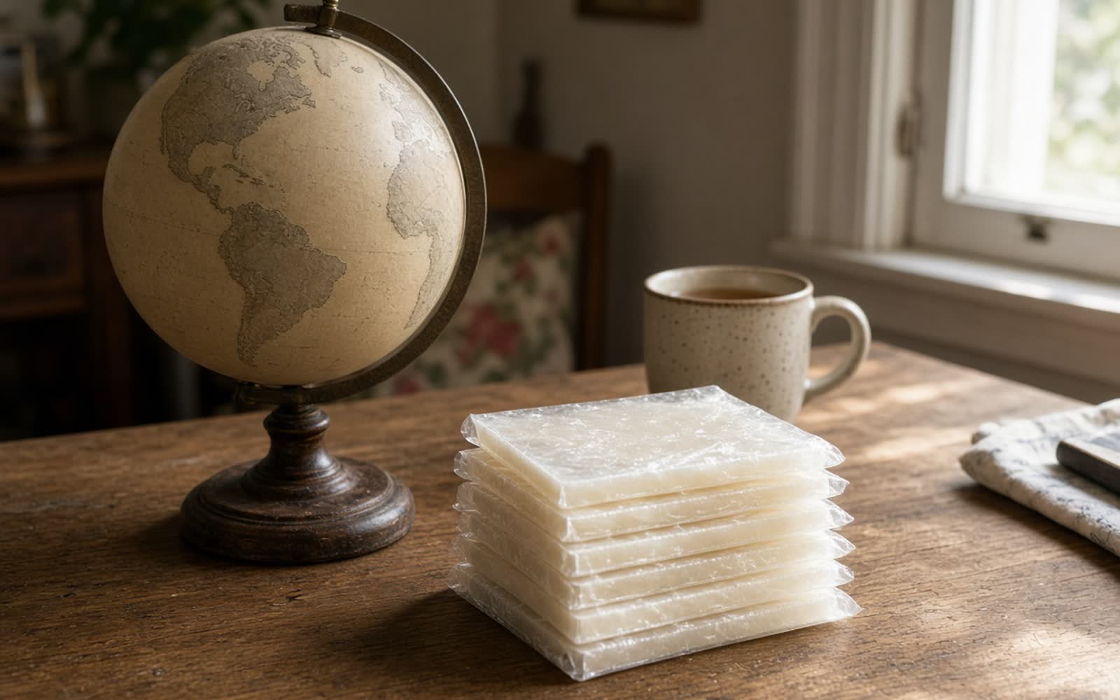 An old desk globe on a kitchen table beside a stack of flat frozen bags of milk and a mug of tea