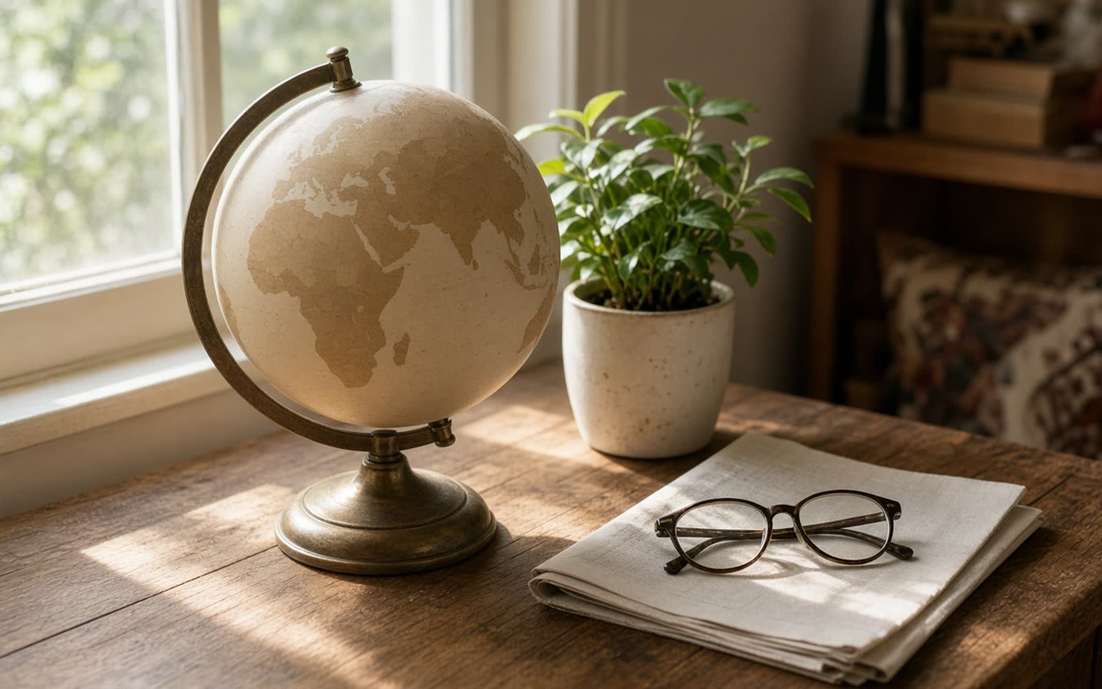 An old desk globe on a sunlit windowsill beside a potted plant, a folded newspaper and reading glasses