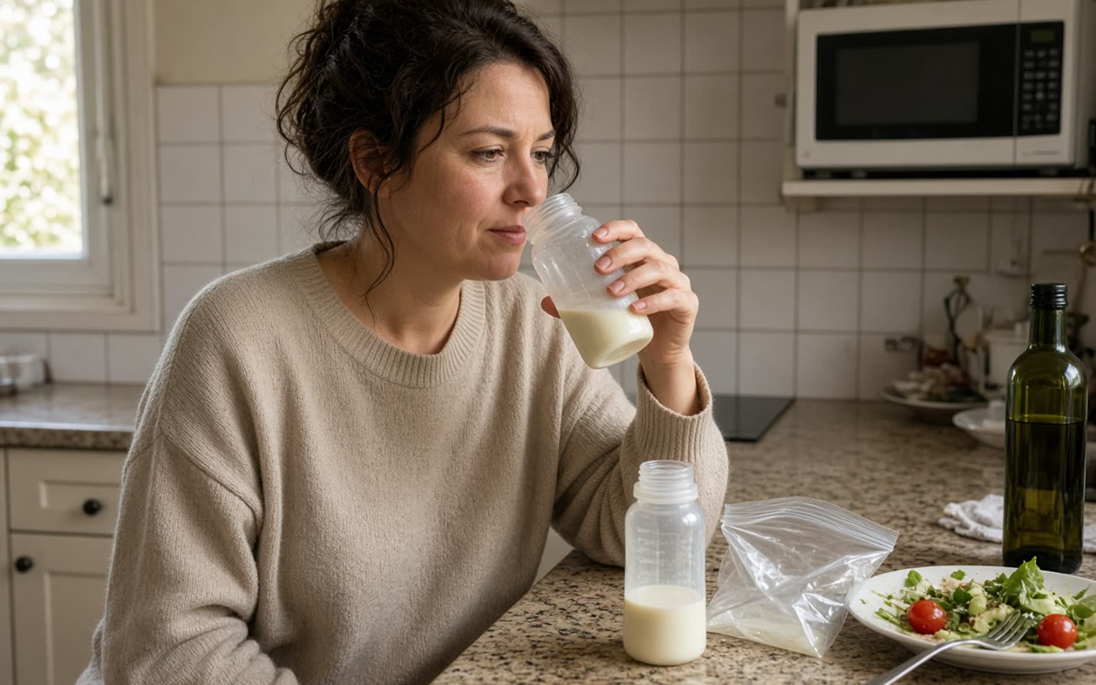 A woman in her kitchen sniffing an opened bottle of milk, another bottle and an empty storage bag on the worktop