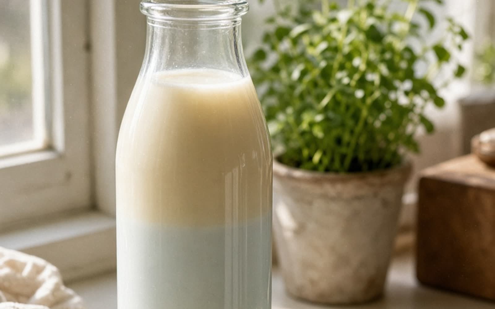 A glass bottle of expressed milk on a sunlit windowsill, the cream risen into a thicker golden band at the top