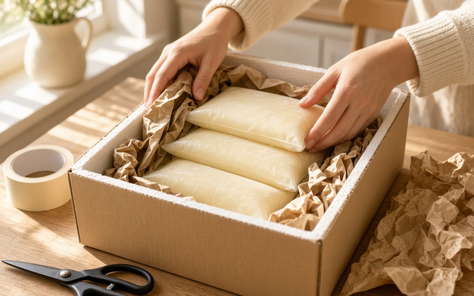 A lined shipping box being packed with frozen milk bags