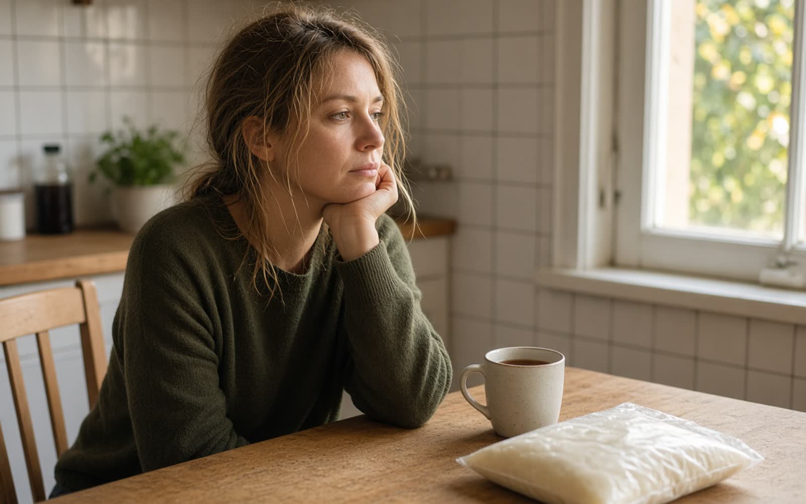 A woman sitting alone at her kitchen table with a mug of tea and a bag of her milk, chin on her hand, thinking it over