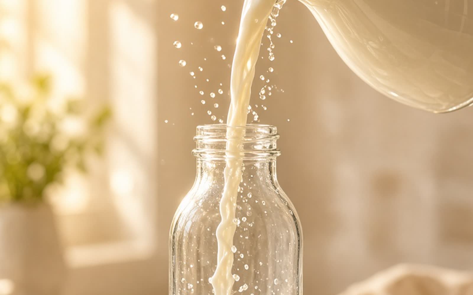 Milk being poured into a glass bottle, backlit by morning sun