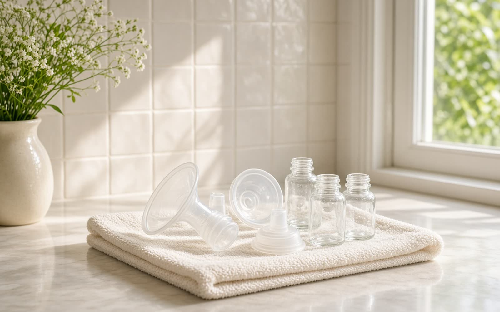 Clean pump flanges, a valve and empty bottles drying on a folded towel by a sunny kitchen window