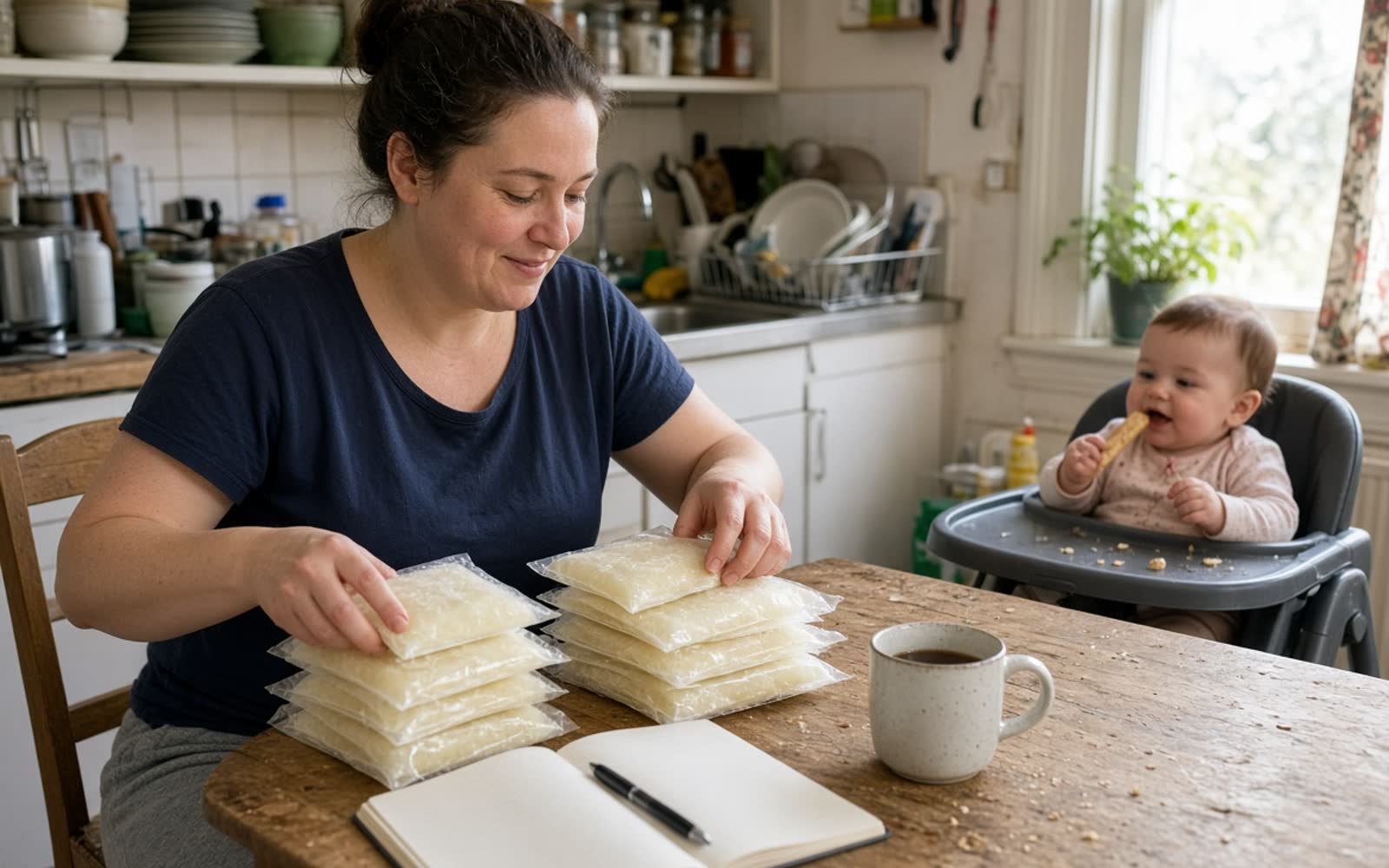 A woman sorting flat frozen bags of milk into piles at her kitchen table