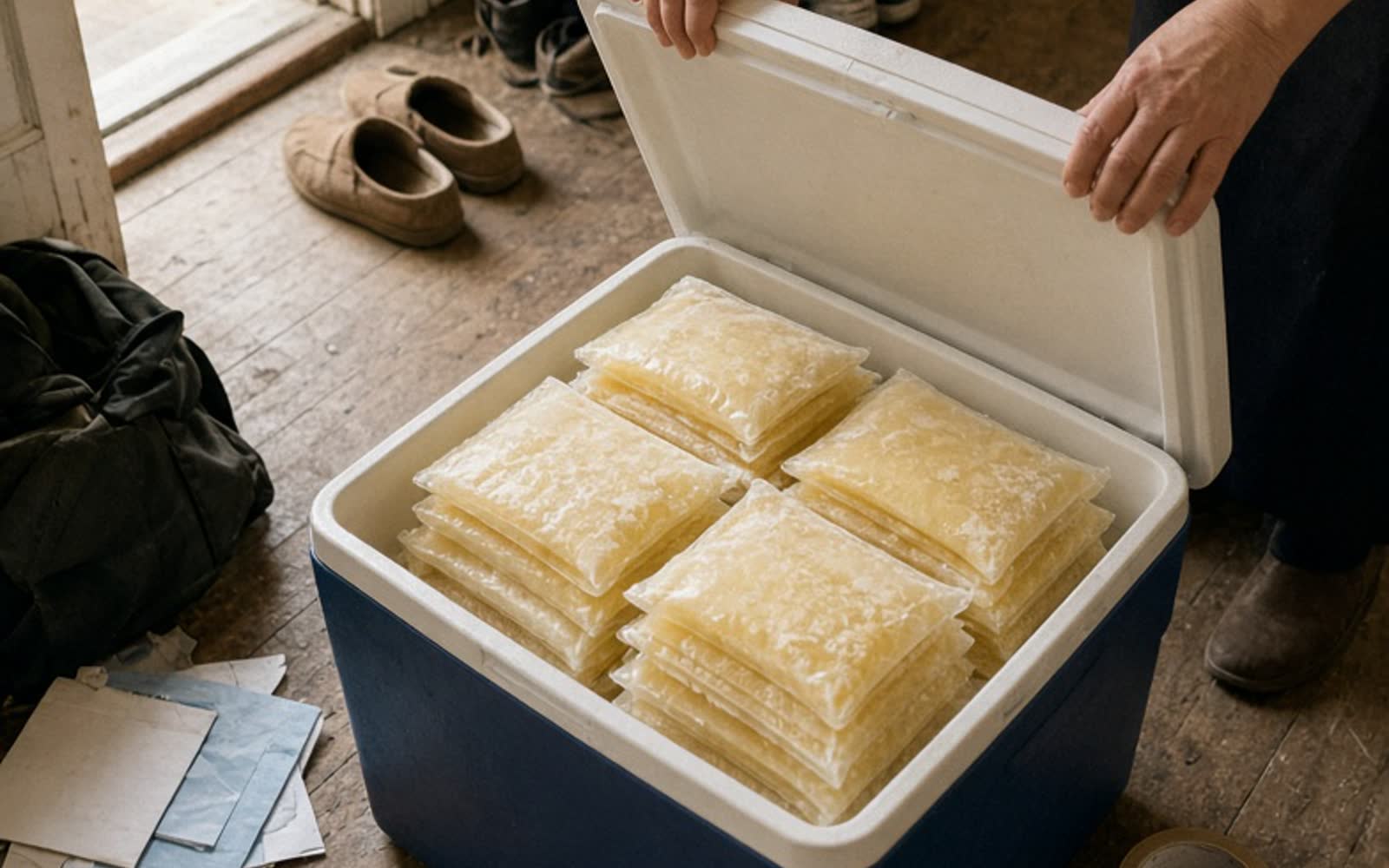 Hands closing the lid of a cool box packed with flat frozen bags of milk, by an open front door