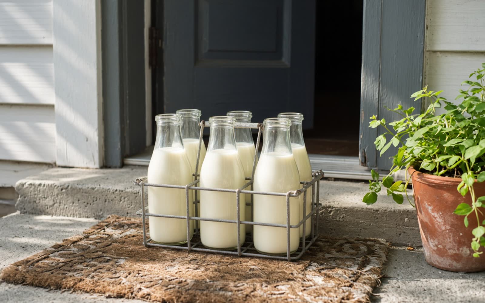 A wire carrier of glass milk bottles on a sunny front doorstep, the door ajar behind