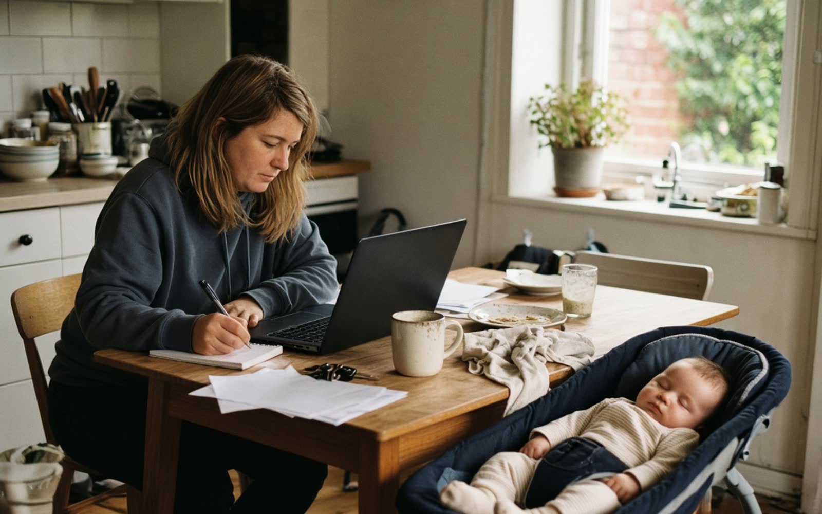 A woman at her kitchen table with a laptop open and a pen over a notepad