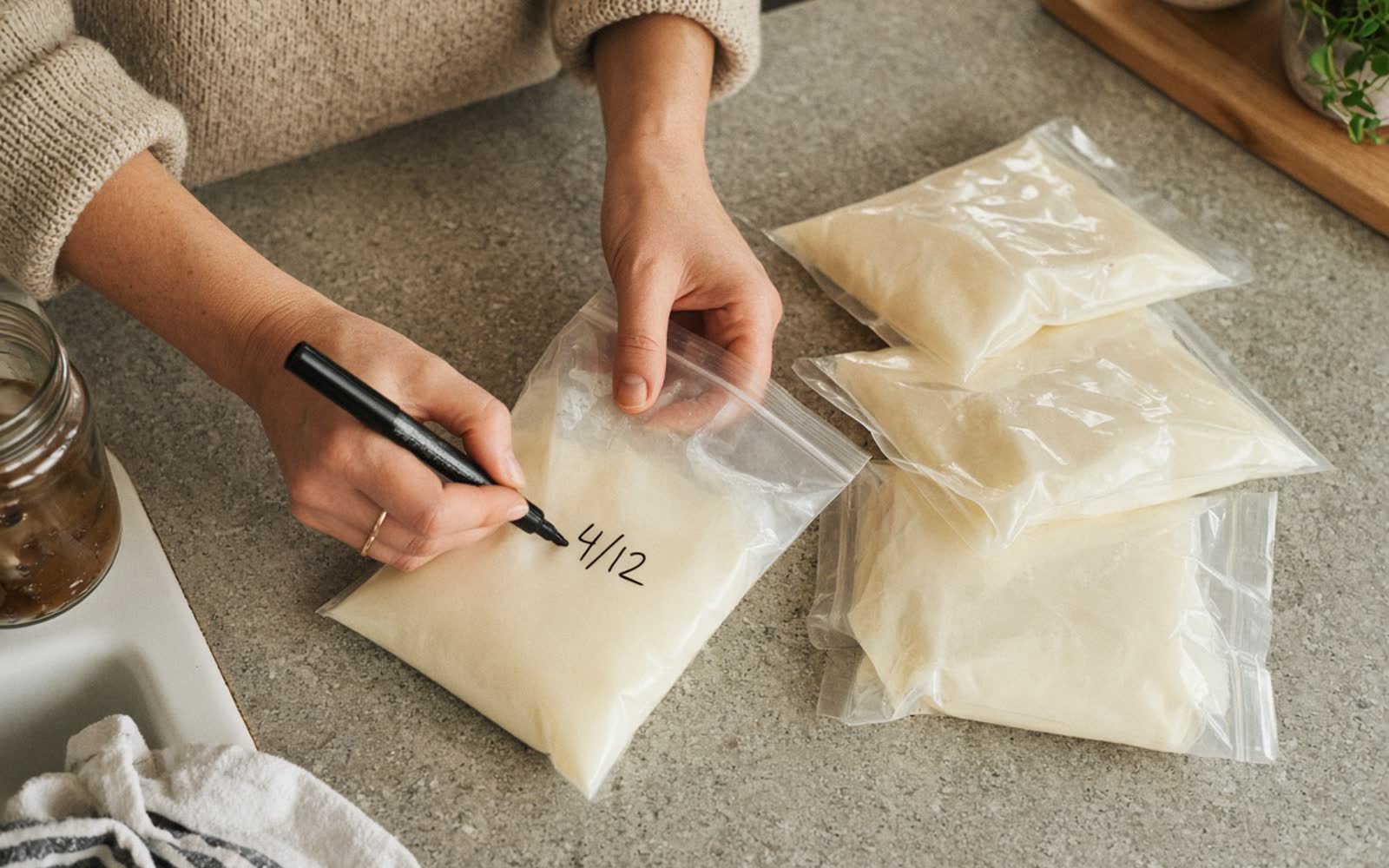 A woman's hands writing the date on a filled bag of milk