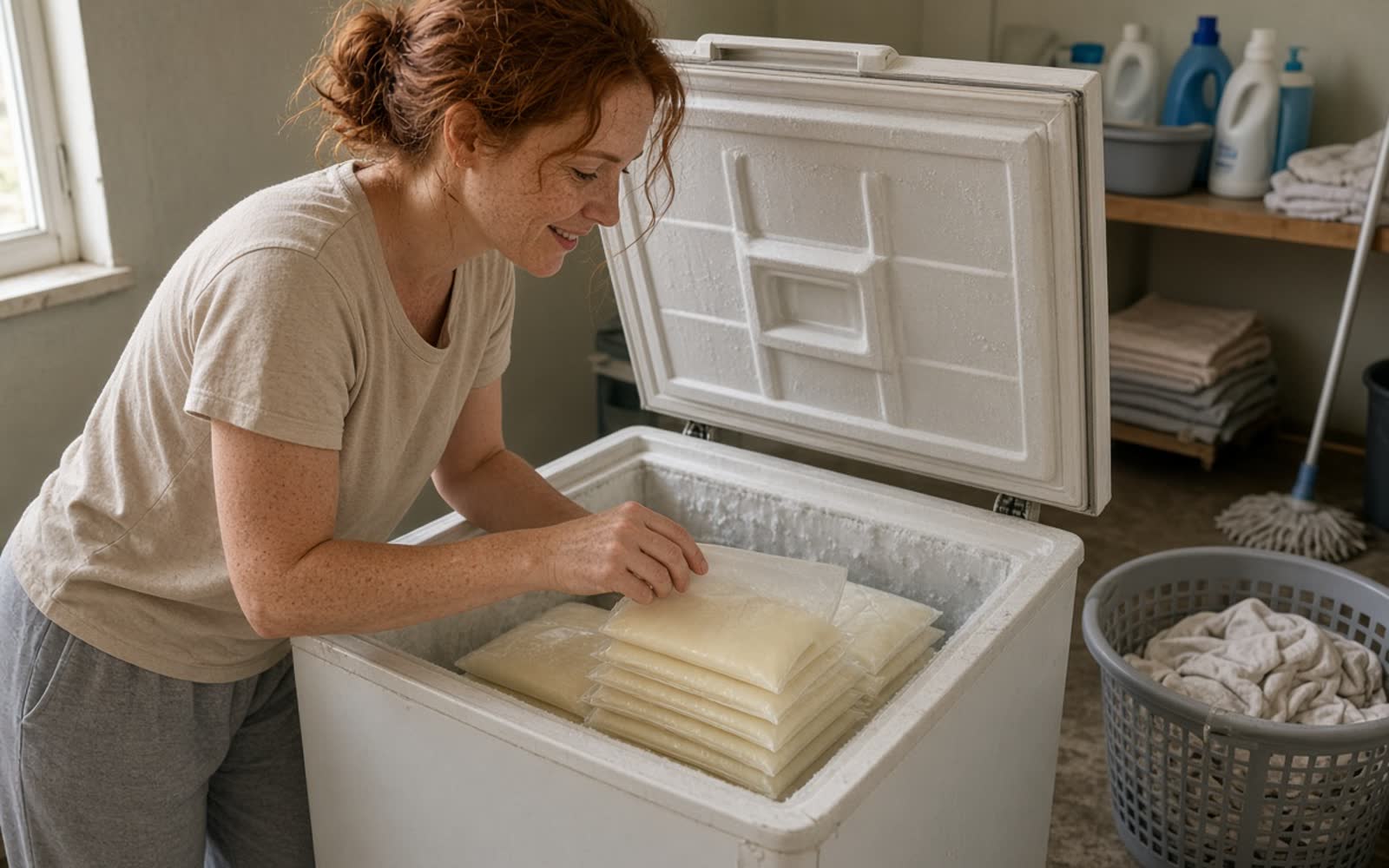 A red-haired woman adding flat frozen bags of milk to a chest freezer