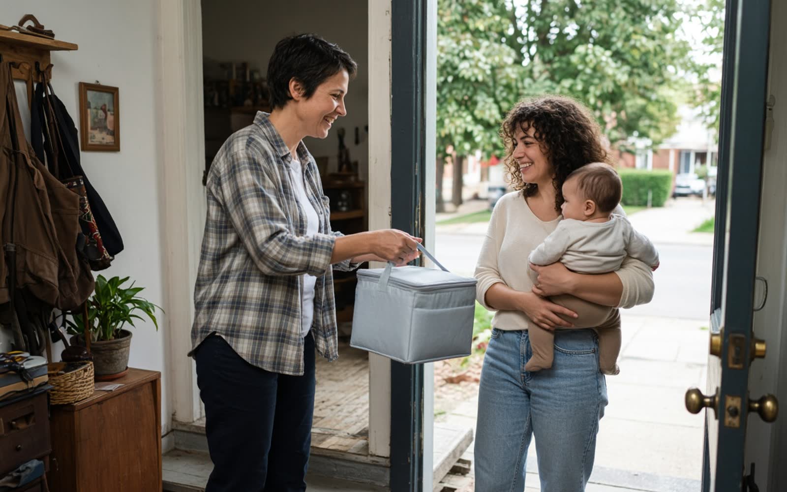 One woman handing a small cool bag to another at an open front door