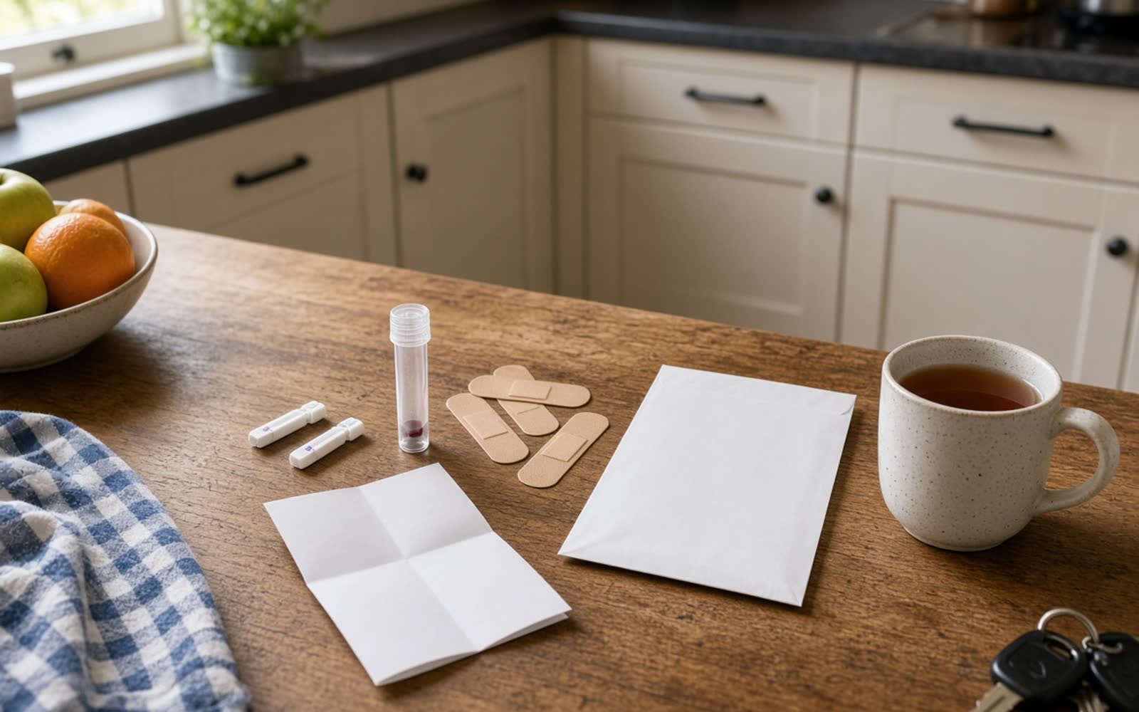 A home finger-prick blood test kit unpacked on a kitchen table beside a cup of tea