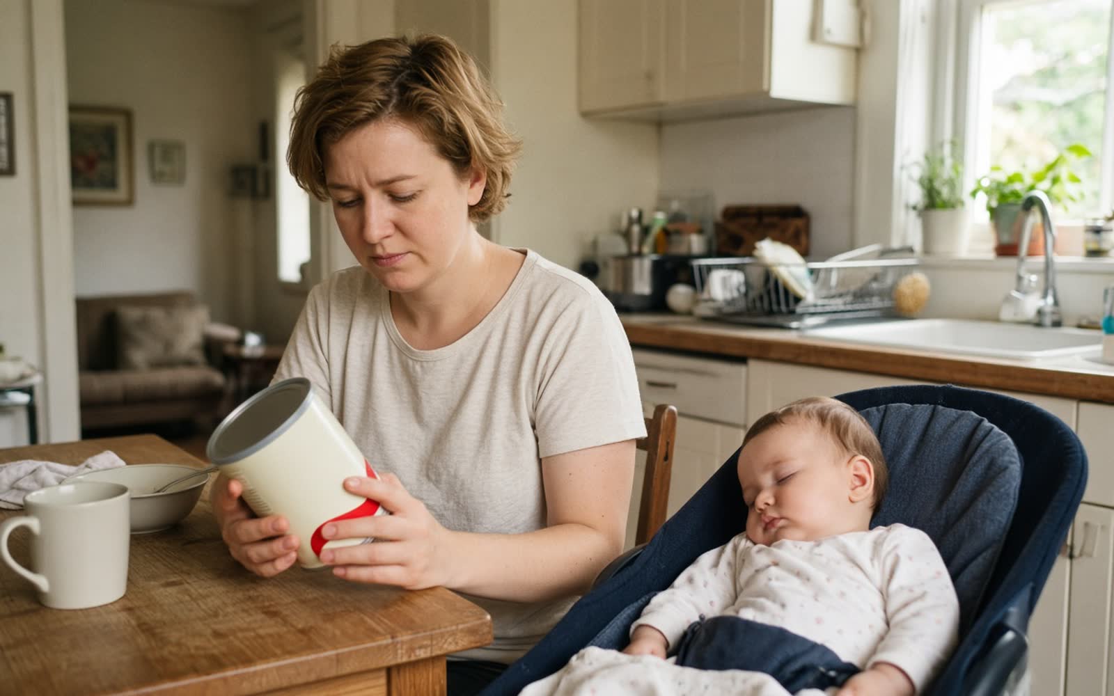 A woman reading the back of a formula tin at her kitchen table, her baby asleep in a bouncer