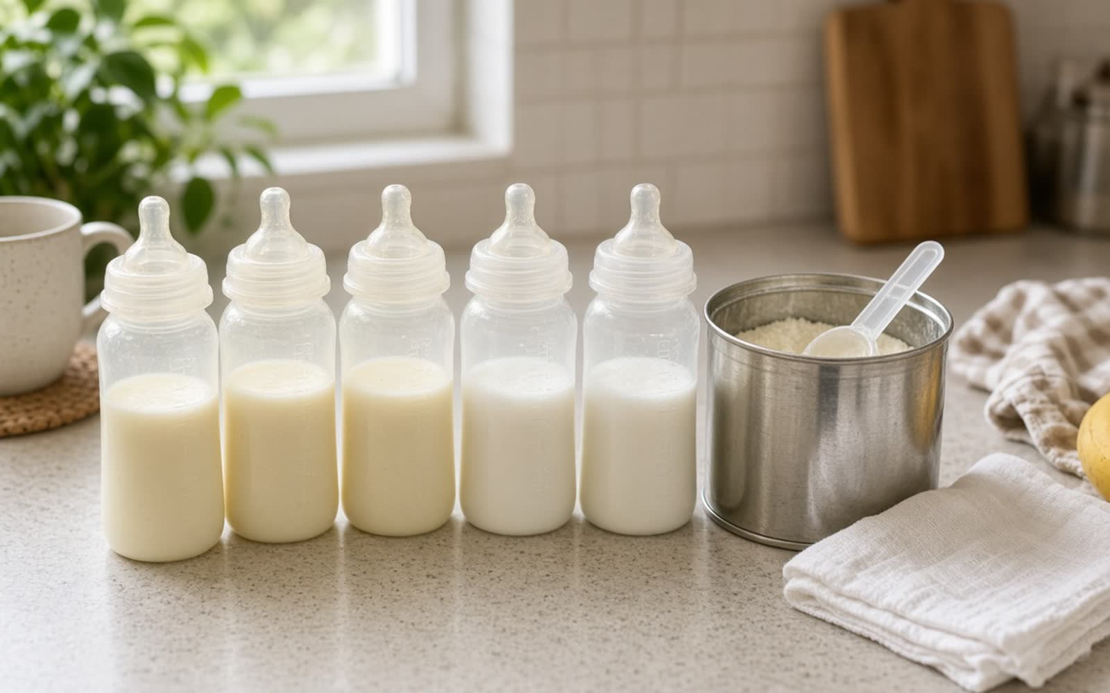 The day's feeds lined up on a worktop: bottles of human milk and prepared formula side by side, formula tin open