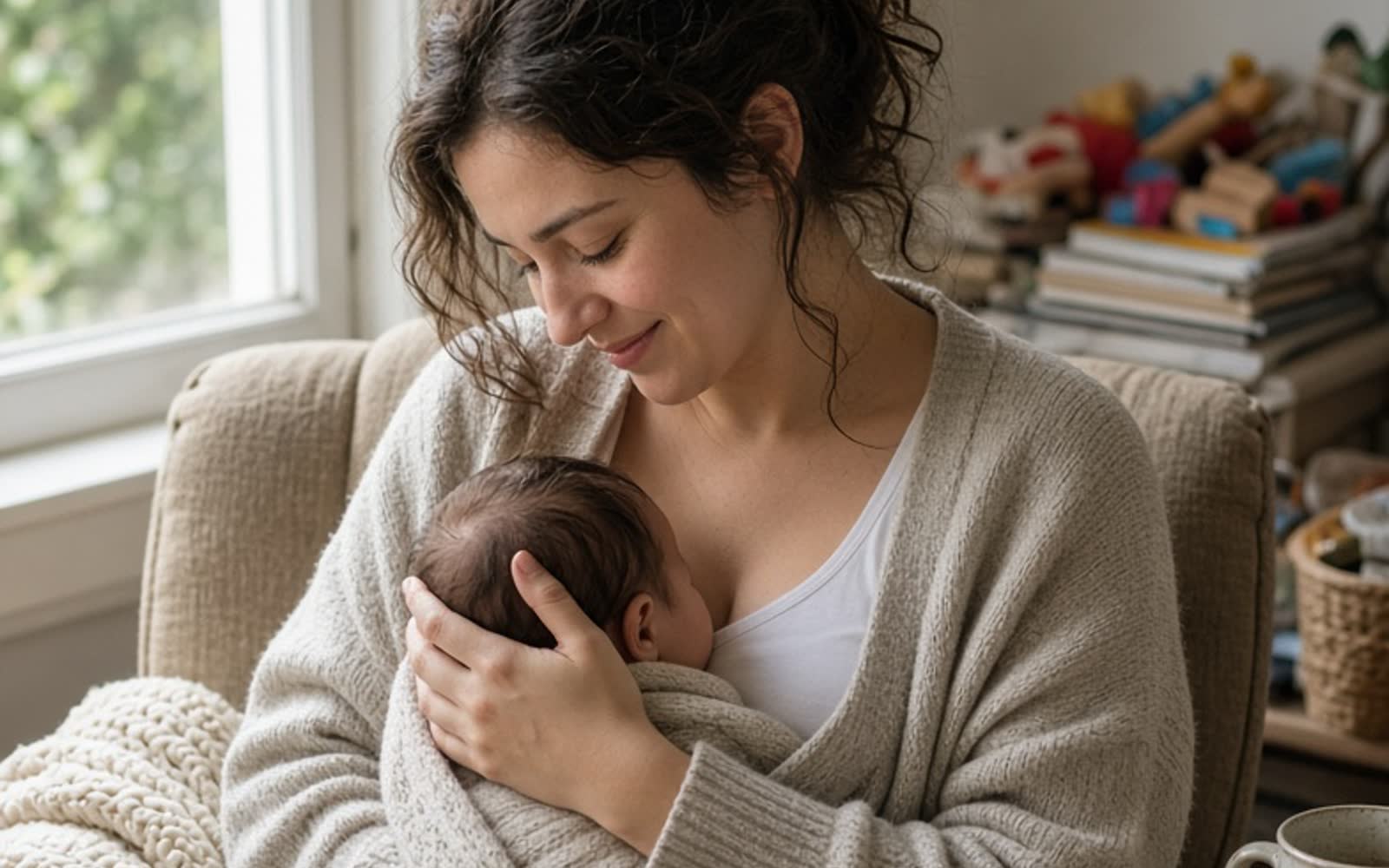 A woman in an armchair by a window feeding her baby, the baby's head tucked inside her cardigan