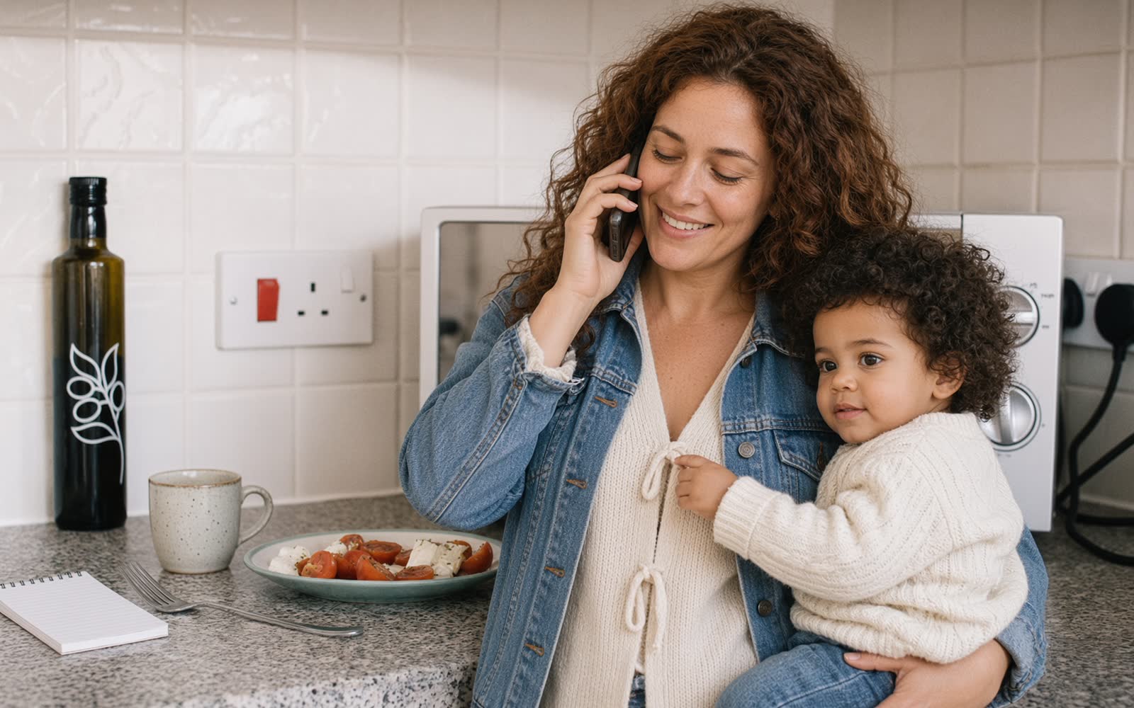 A smiling woman on the phone in her kitchen, her toddler on her hip, a notepad on the worktop