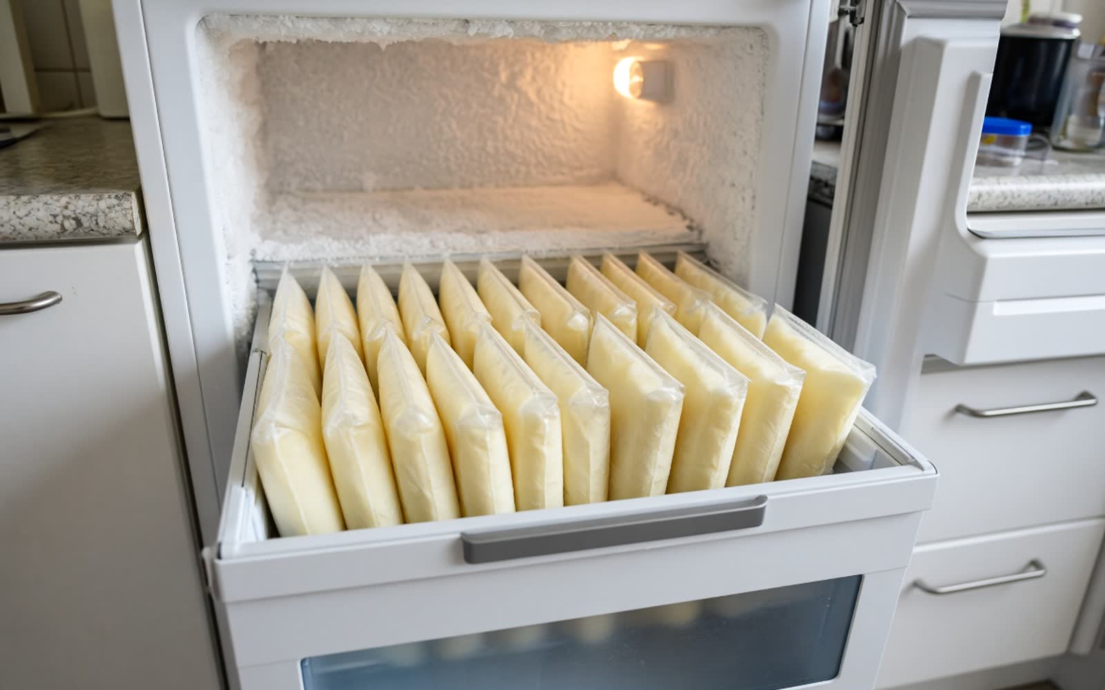 An open freezer drawer packed with bags of frozen milk standing upright in rows