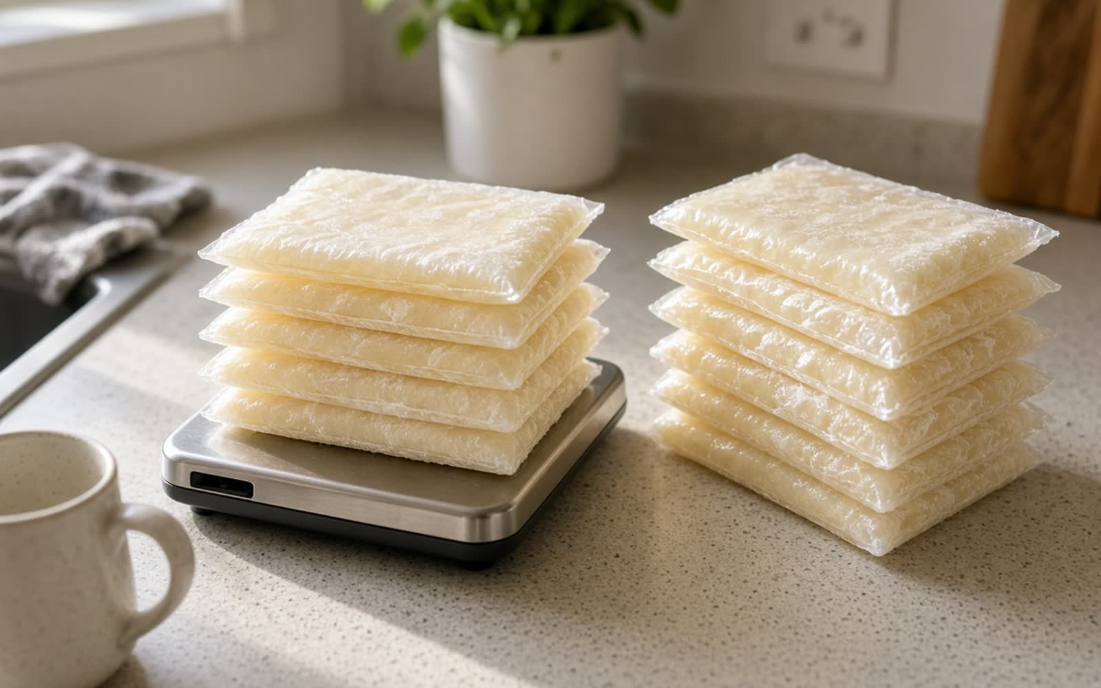 Flat frozen bags of milk stacked on a kitchen scale on a worktop
