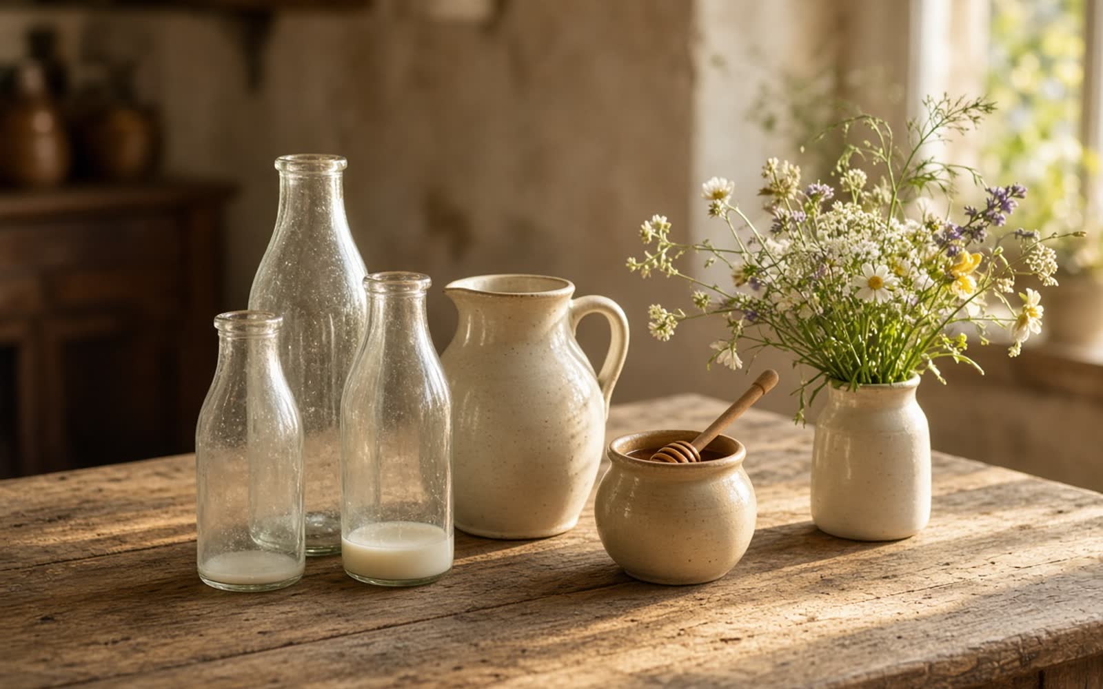 Glass milk bottles and a jug on a scrubbed wooden kitchen table