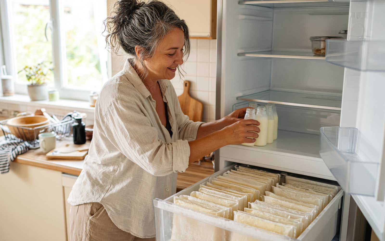 A woman putting bottles of expressed milk onto a fridge shelf, with the freezer drawer below packed with flat frozen bags