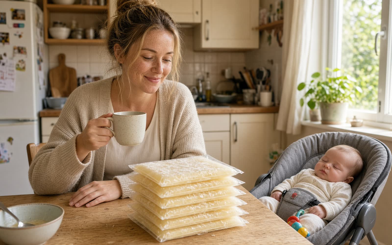 A woman at her kitchen table with a mug, looking at a stack of flat frozen bags of milk, her baby asleep in a bouncer beside her