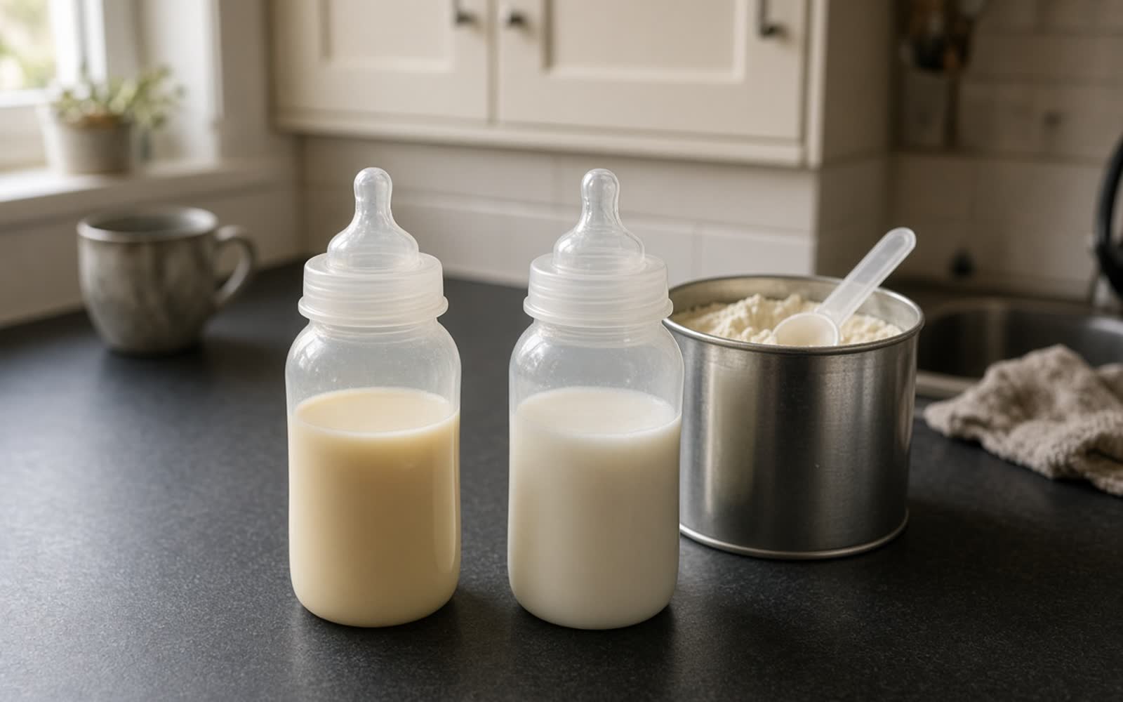 Two baby bottles side by side on a worktop, one of creamy expressed milk and one of whiter prepared formula, an open tin of formula powder behind them