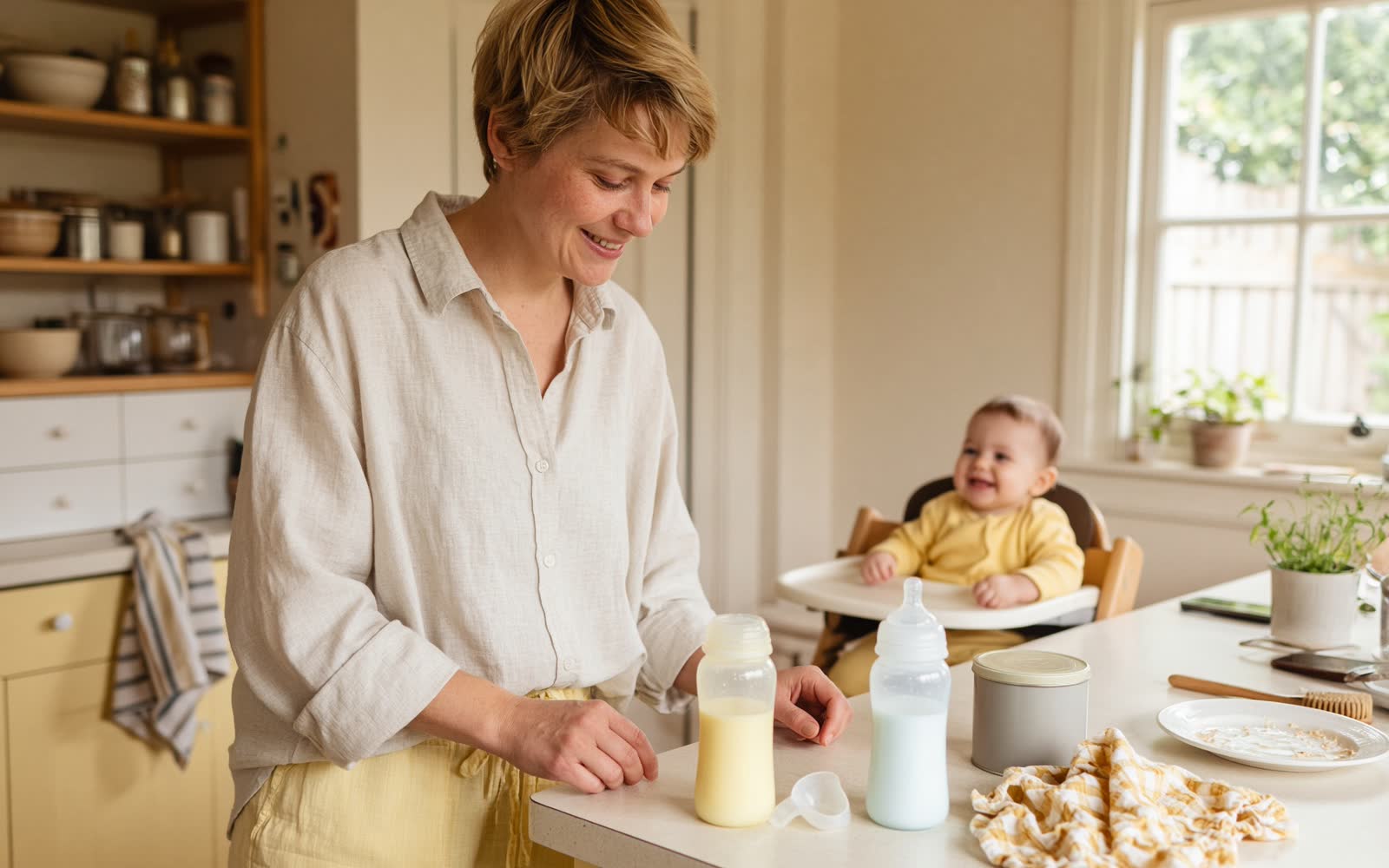 A woman at her kitchen worktop with two feeding bottles side by side, one of creamy expressed milk and one of white made-up formula, her baby in a highchair behind her