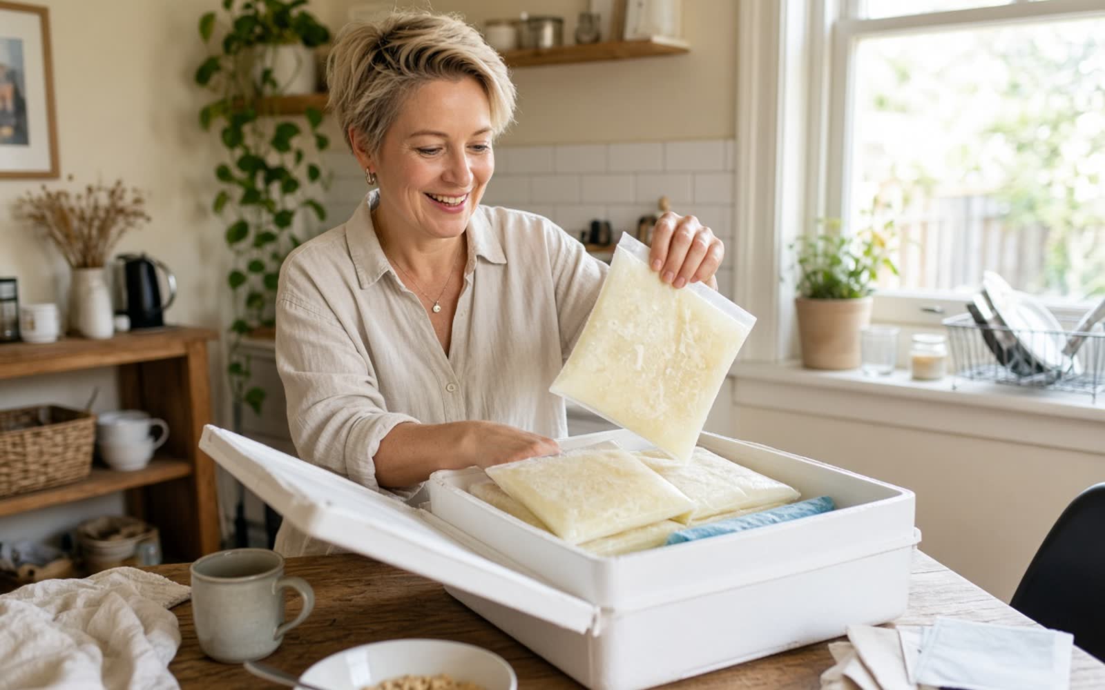 A woman lifting a flat frozen bag of milk from a just-delivered cool box at her kitchen table