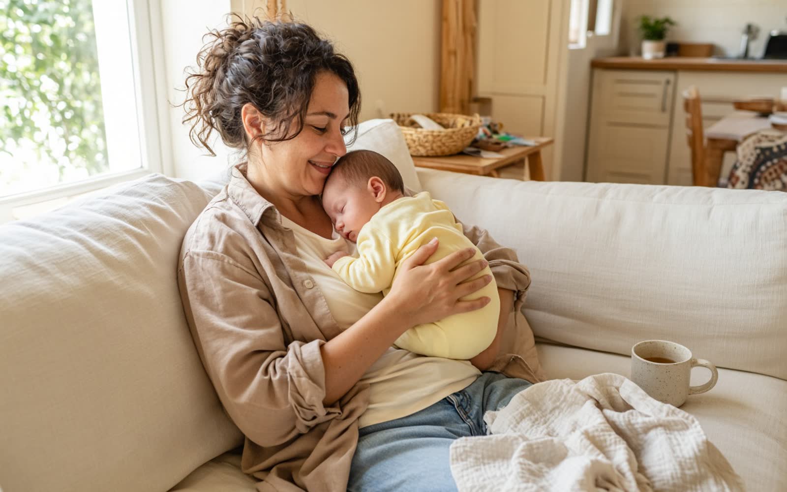 A mother resting on a sofa with her baby dozing on her chest