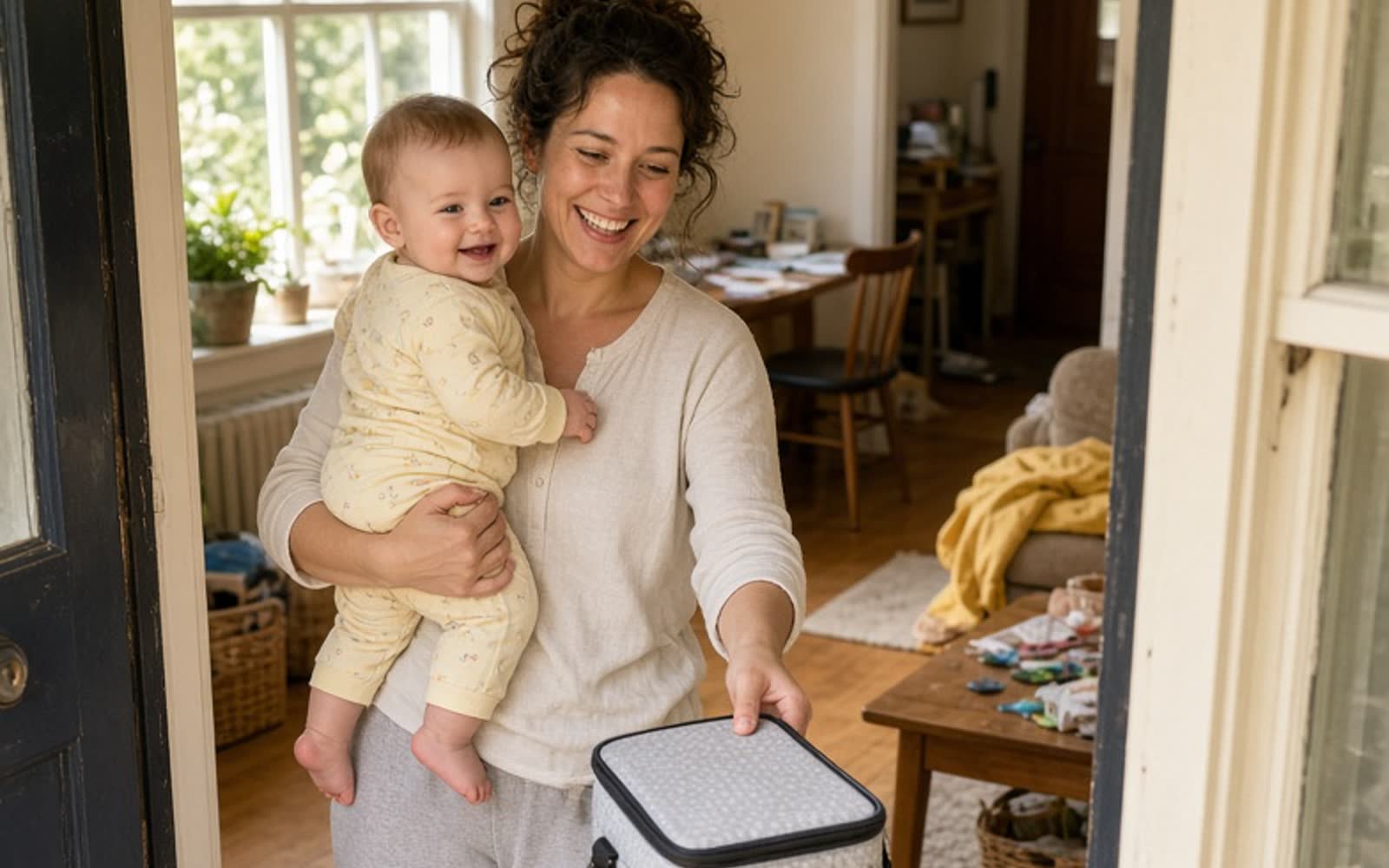 A smiling mother with her baby on one hip, handing a cool bag over on her doorstep