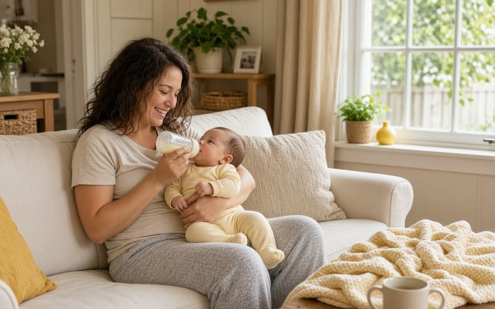 A smiling mother bottle-feeding her baby on a sofa in a bright living room