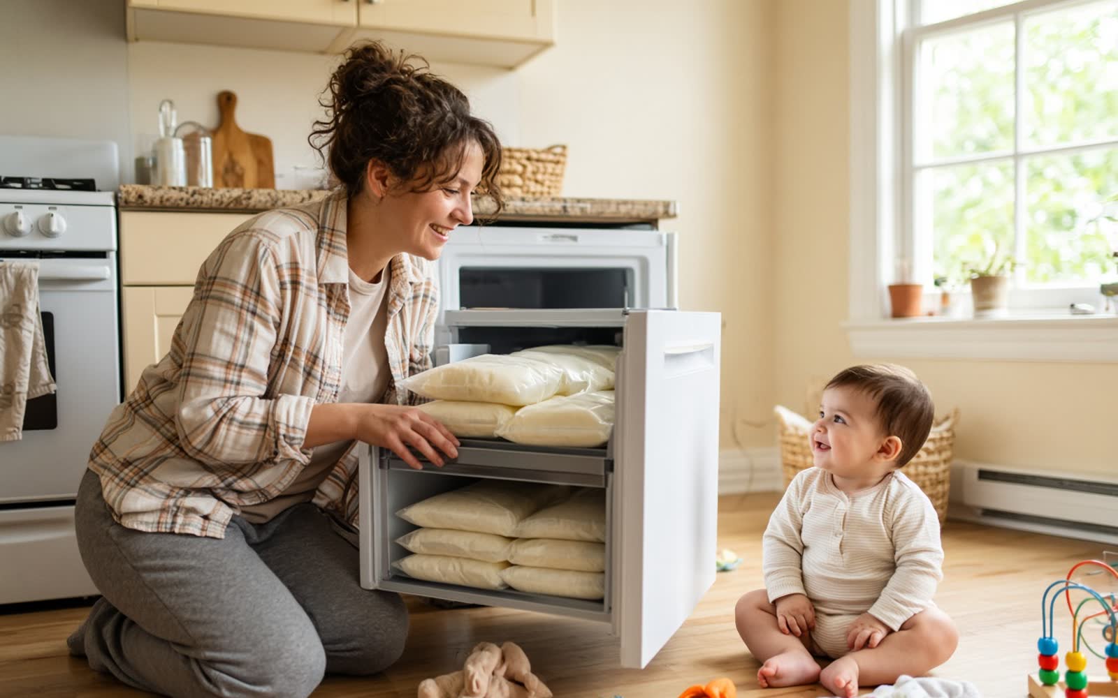 A woman crouched at an open freezer drawer stacked with flat frozen bags of milk, her baby sitting on the kitchen floor beside her