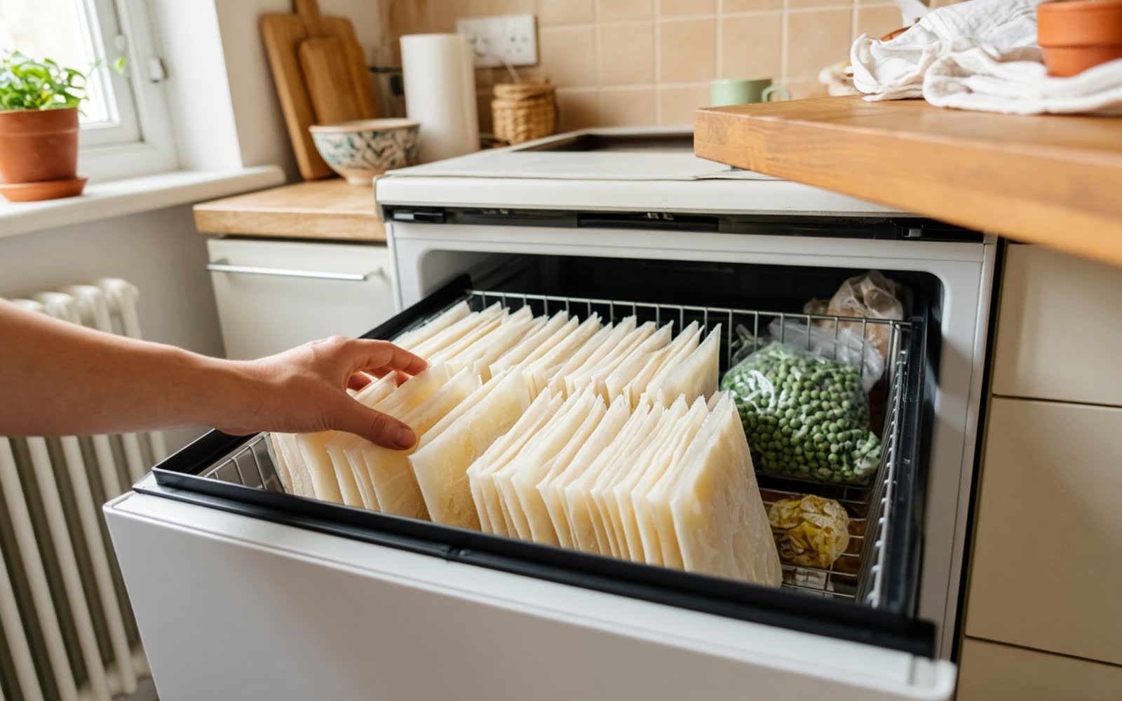 A hand tidying rows of flat frozen milk bags standing upright in a freezer drawer, frozen peas alongside