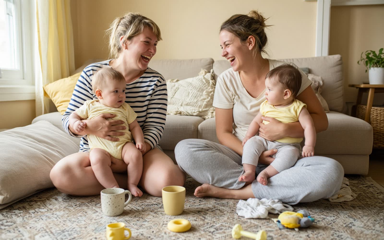 Two women laughing together, each with a baby on her lap, mugs and toys on the rug