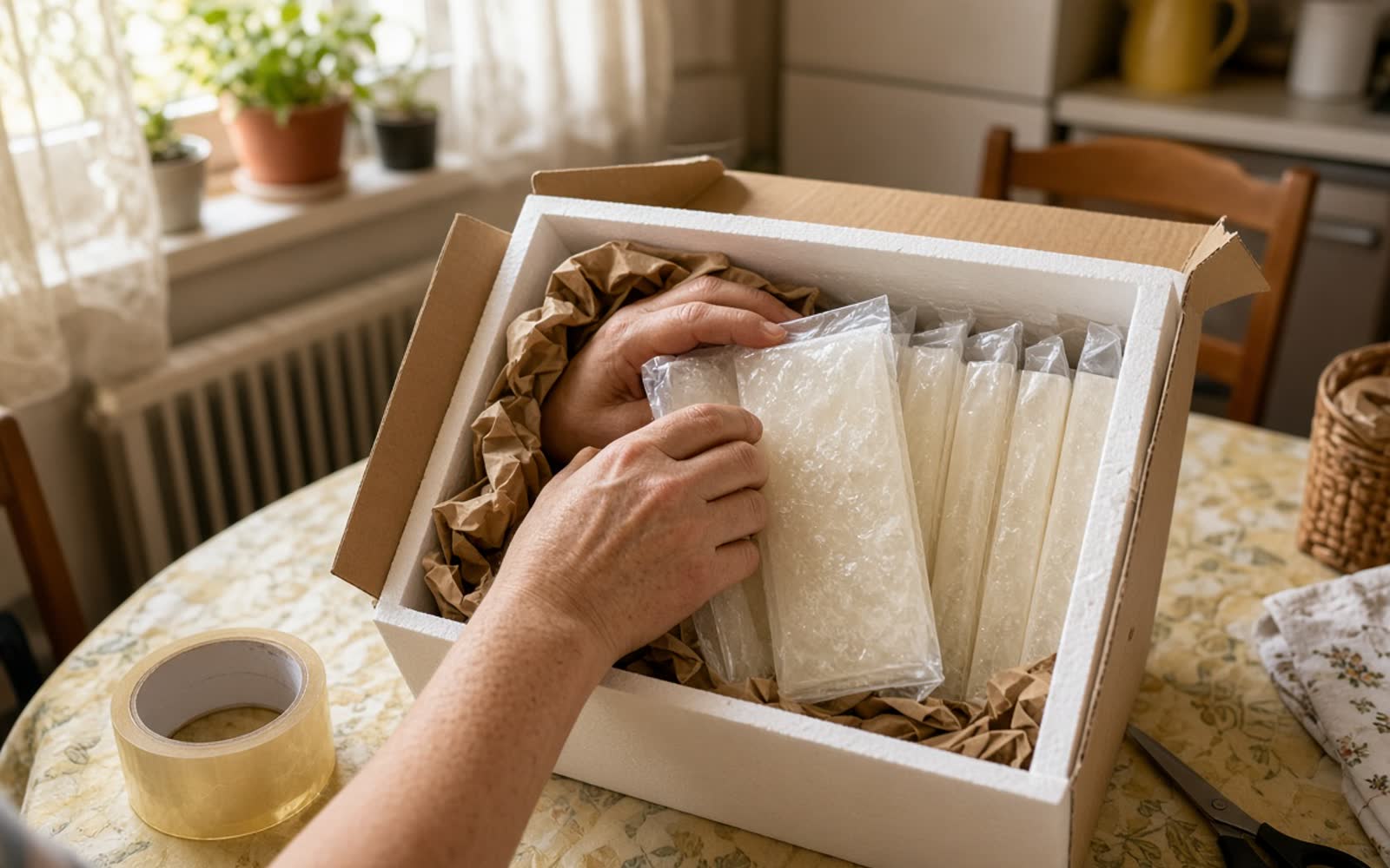 Hands packing flat frozen bags of milk tightly into a lined shipping box, paper stuffed into the gaps