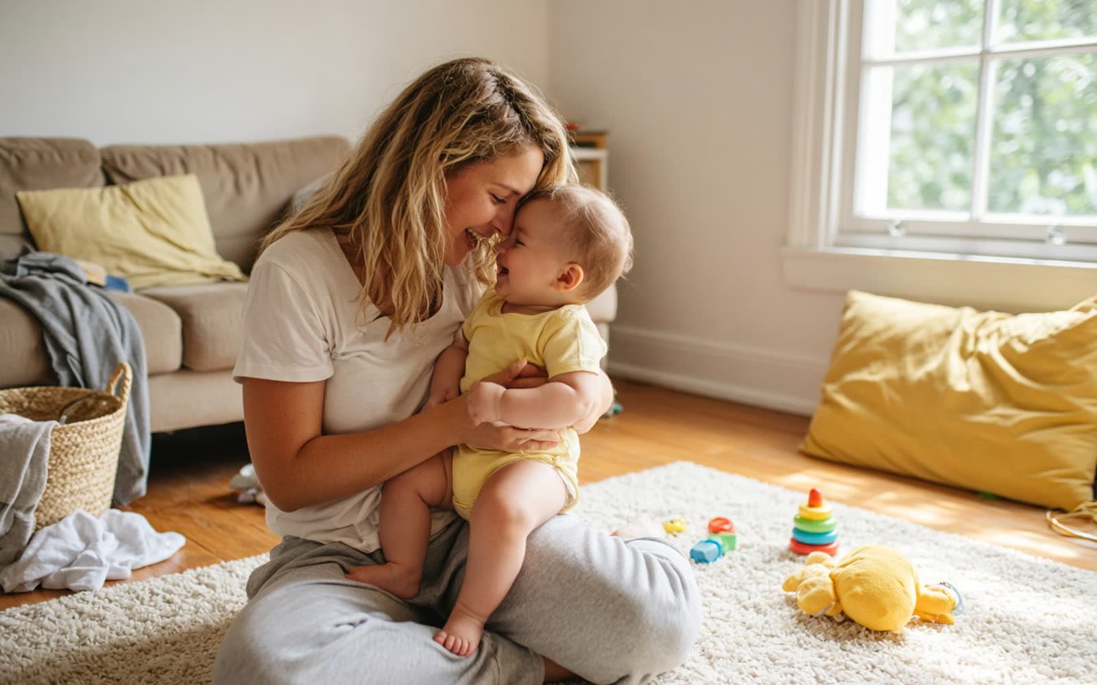 A mother sitting on a rug with her baby, foreheads touching, both smiling