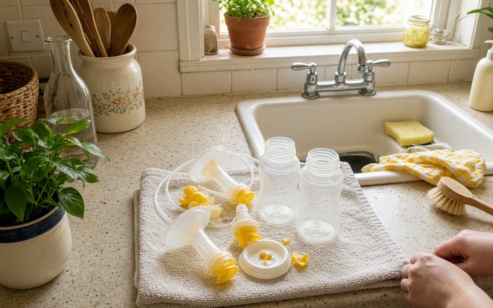 Washed pump parts and bottles laid out to air-dry on a clean towel beside a sunny kitchen sink